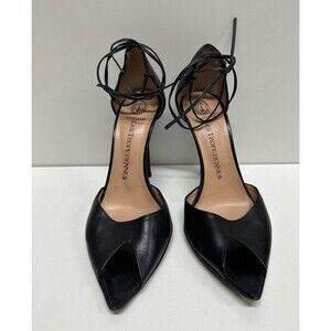 Les Tropeziennes women 5.5/35.5 stiletto black leather heel open toe lace shoes